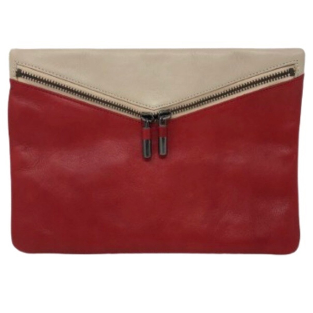 Massimo Dutti Clutch Red & Beige Leather Colorblock Envelope Style Purse